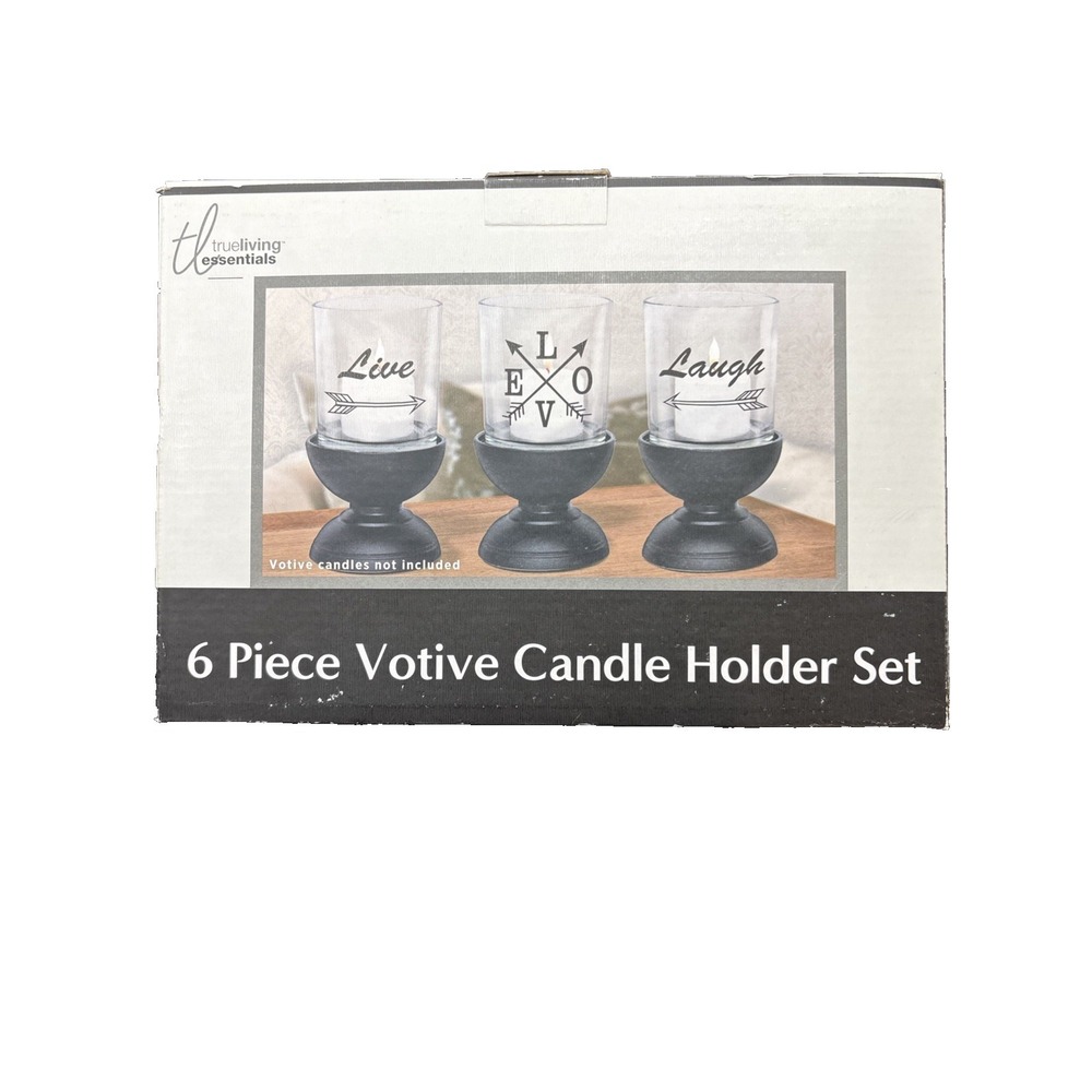 True Living Essentials 6 Piece Votive Candle Holder Set Live Laugh Love New
